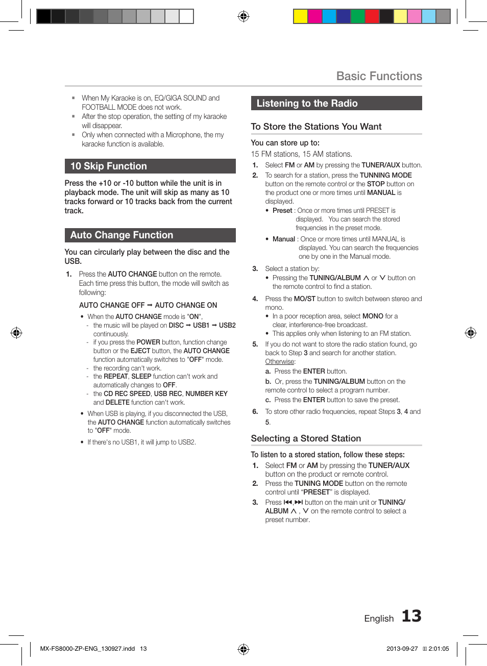 Basic functions, Listening to the radio, 10 skip function | Auto change function | Samsung MX-FS8000-ZA User Manual | Page 13 / 40