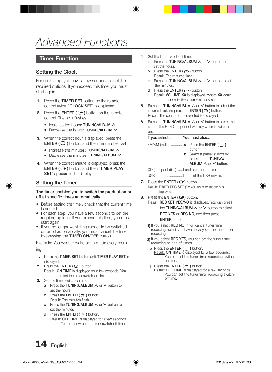 Advanced functions, Timer function | Samsung MX-FS8000-ZA User Manual | Page 14 / 40