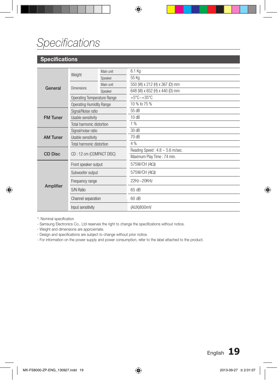 Specifications | Samsung MX-FS8000-ZA User Manual | Page 19 / 40
