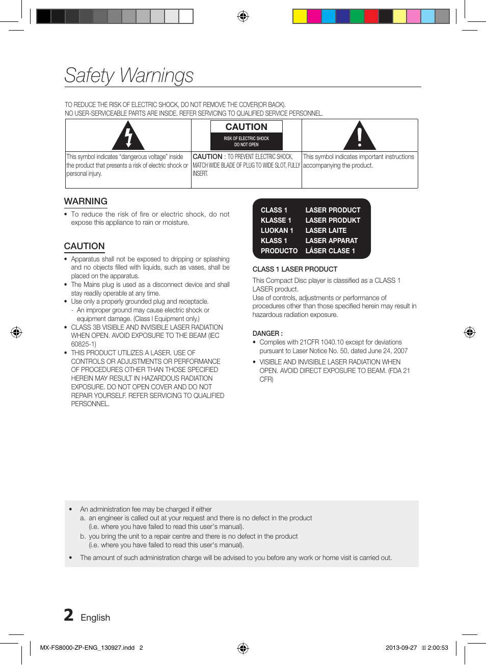 Safety warnings | Samsung MX-FS8000-ZA User Manual | Page 2 / 40