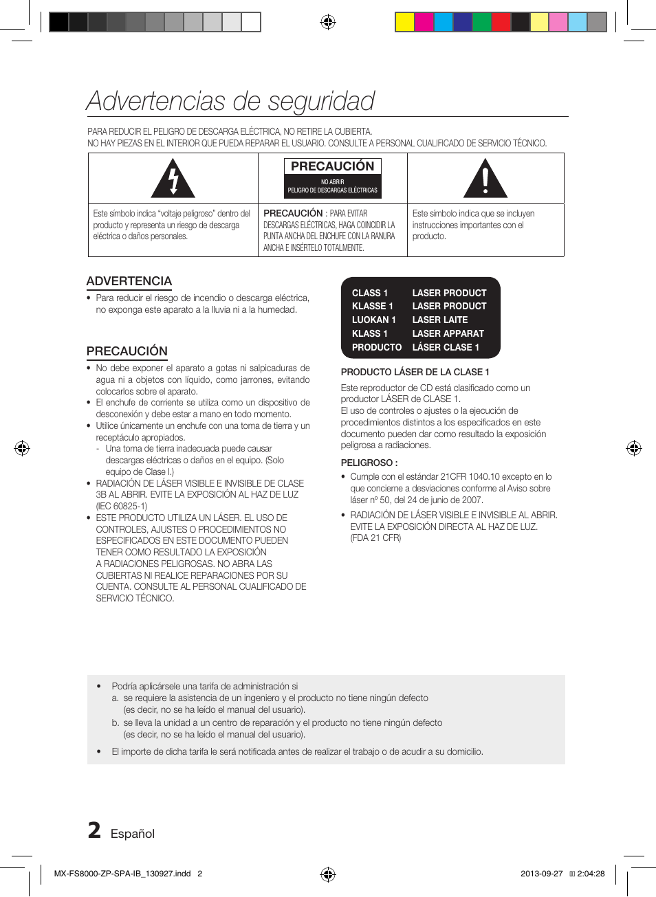 Advertencias de seguridad | Samsung MX-FS8000-ZA User Manual | Page 22 / 40
