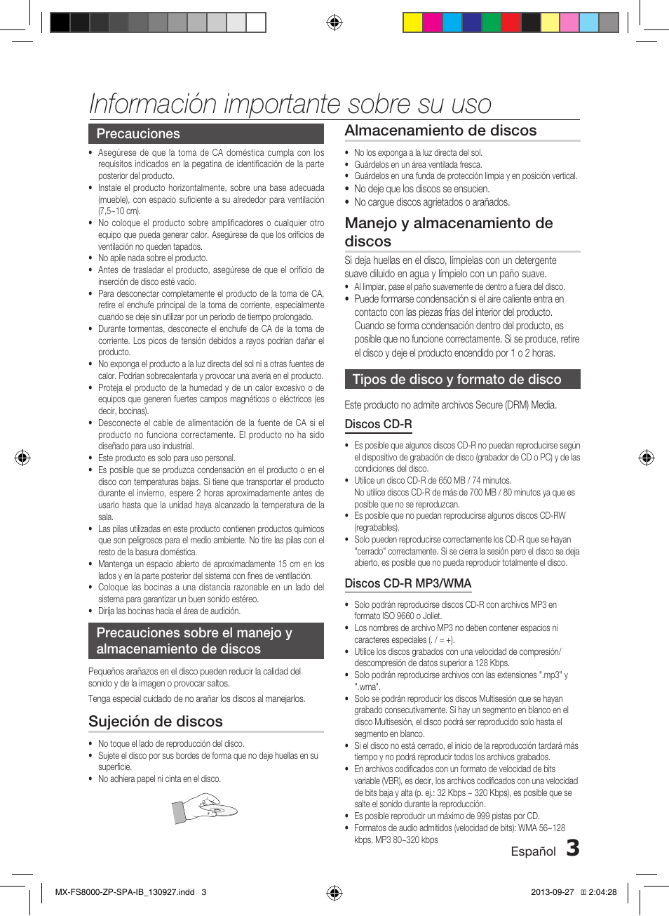 Información importante sobre su uso, Sujeción de discos, Almacenamiento de discos | Manejo y almacenamiento de discos, Precauciones, Tipos de disco y formato de disco | Samsung MX-FS8000-ZA User Manual | Page 23 / 40