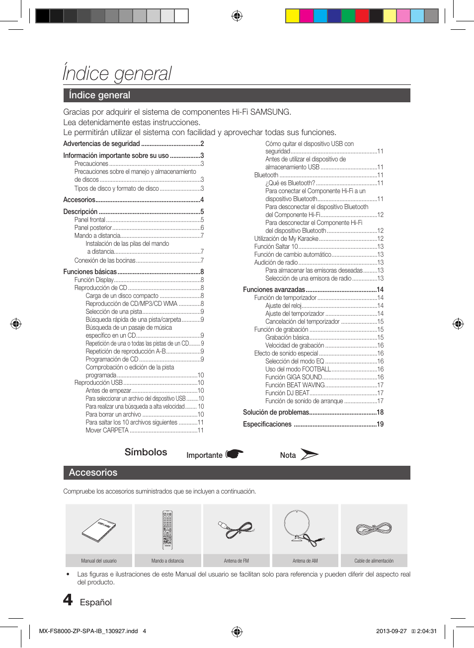 Índice general, Símbolos, Accesorios | Samsung MX-FS8000-ZA User Manual | Page 24 / 40