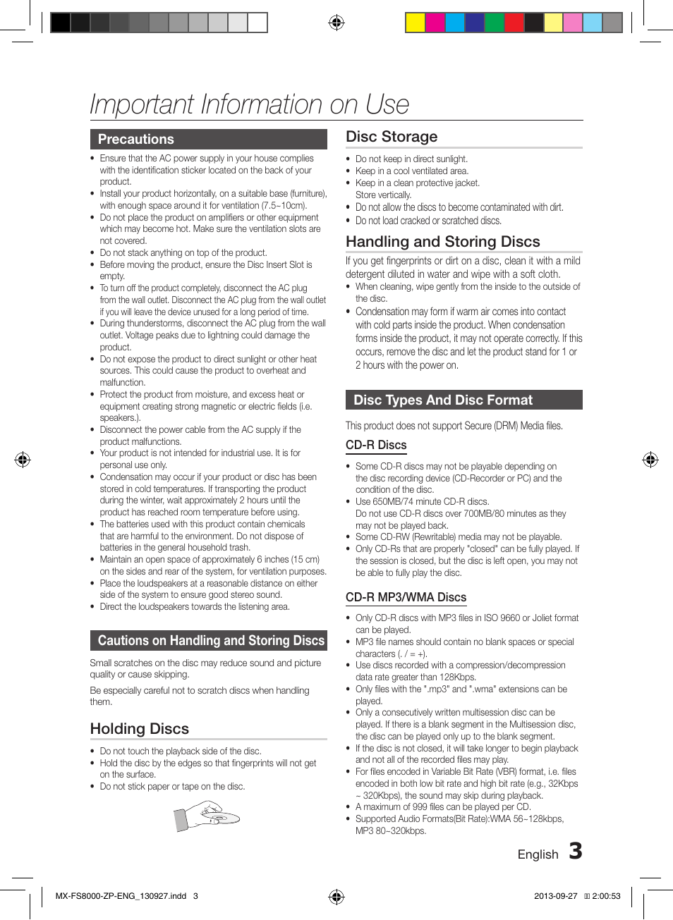 Important information on use, Holding discs, Disc storage | Handling and storing discs, Precautions, Cautions on handling and storing discs, Disc types and disc format | Samsung MX-FS8000-ZA User Manual | Page 3 / 40