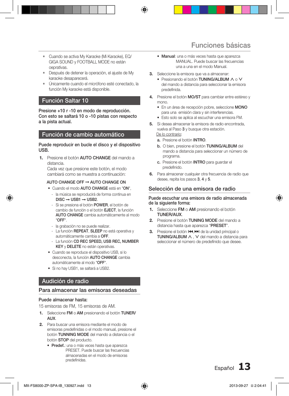 Funciones básicas, Función saltar 10, Función de cambio automático | Audición de radio | Samsung MX-FS8000-ZA User Manual | Page 33 / 40