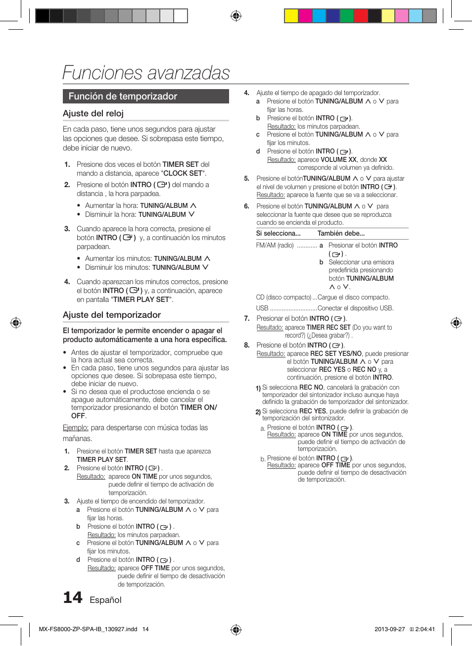 Funciones avanzadas, Función de temporizador | Samsung MX-FS8000-ZA User Manual | Page 34 / 40