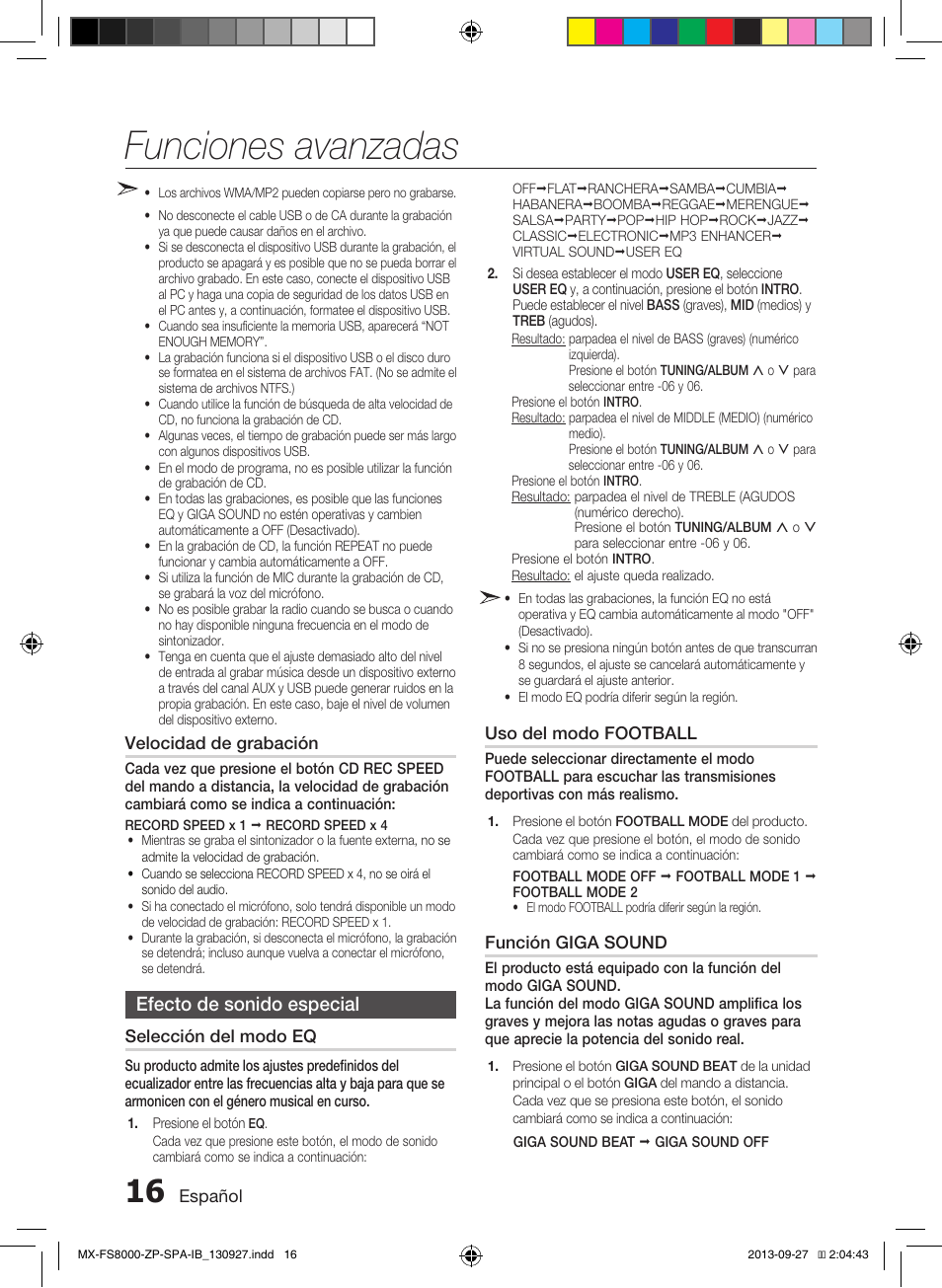 Funciones avanzadas, Efecto de sonido especial | Samsung MX-FS8000-ZA User Manual | Page 36 / 40
