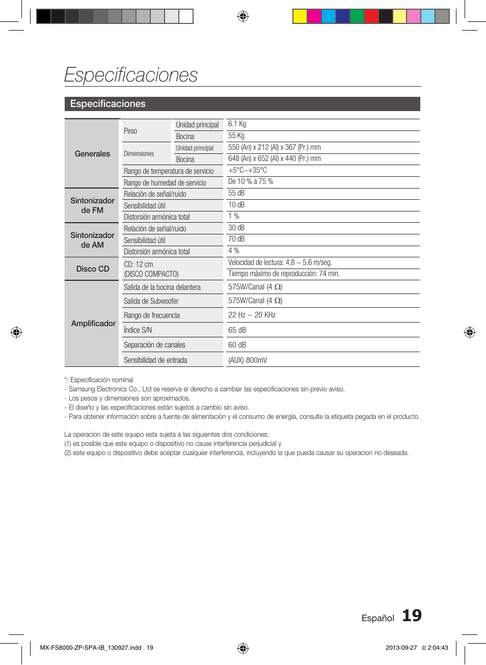 Especificaciones | Samsung MX-FS8000-ZA User Manual | Page 39 / 40