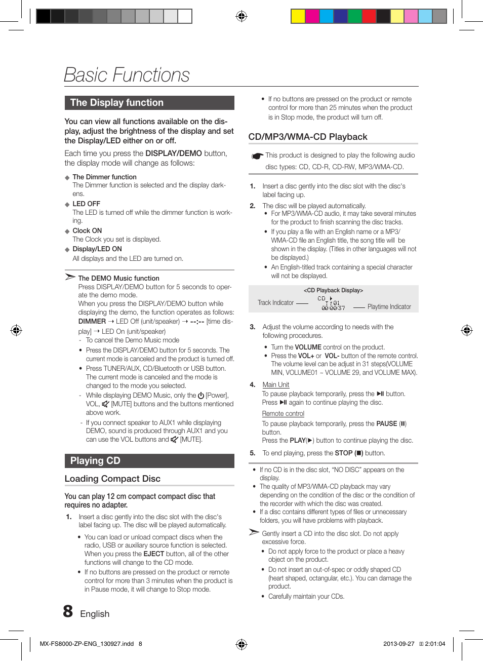 Basic functions, The display function, Playing cd | Samsung MX-FS8000-ZA User Manual | Page 8 / 40