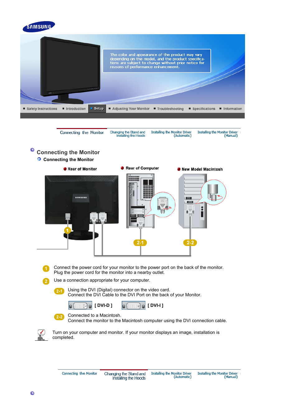 Setup, Connecting the monitor, Changing the stand and installing the hoods | Samsung LS24EDBLB-XAA User Manual | Page 15 / 56