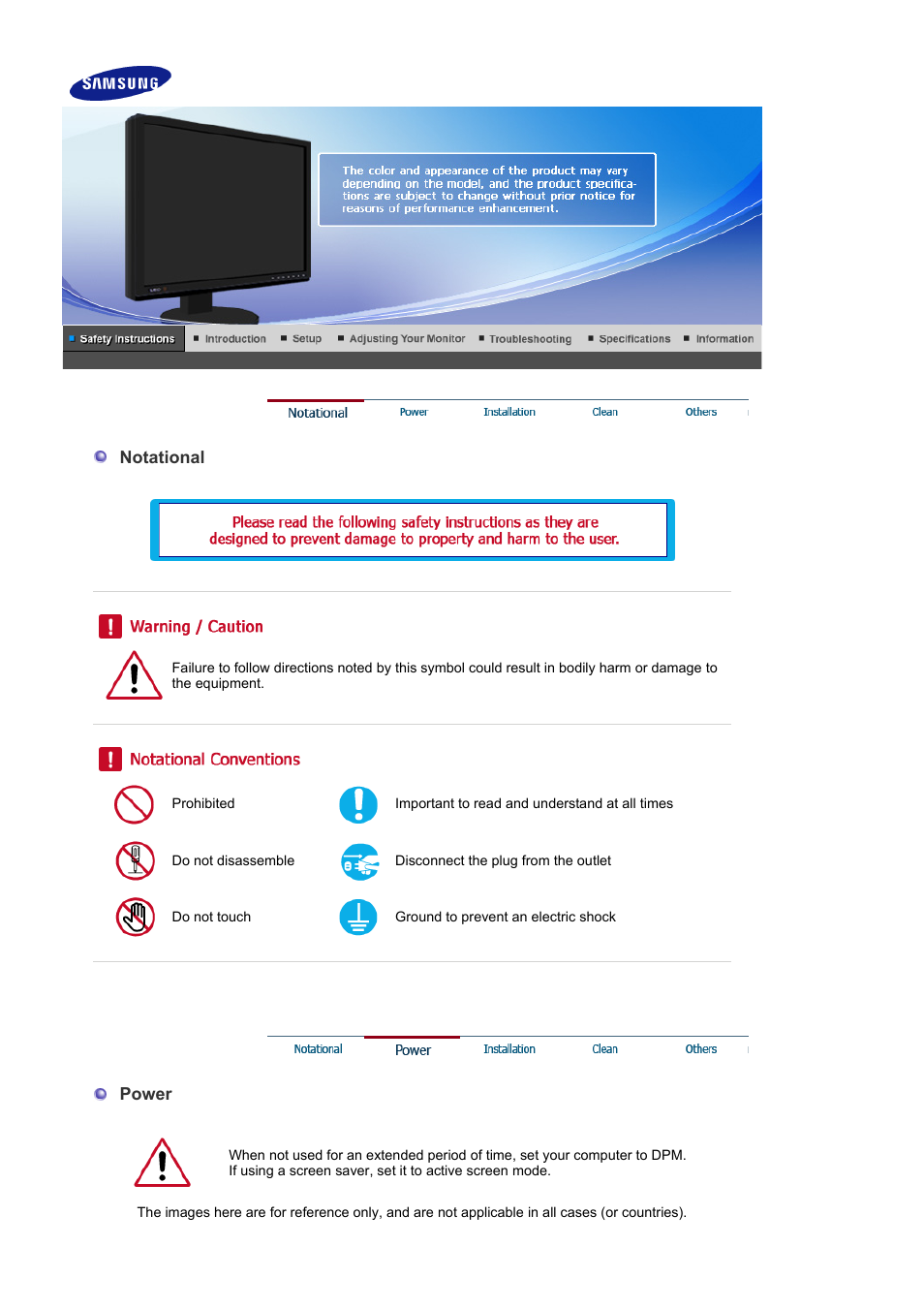 Safety instructions, Notational, Power | Samsung LS24EDBLB-XAA User Manual | Page 2 / 56