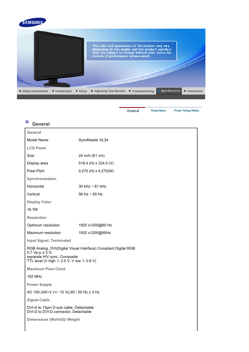 Specifications, General | Samsung LS24EDBLB-XAA User Manual | Page 45 / 56