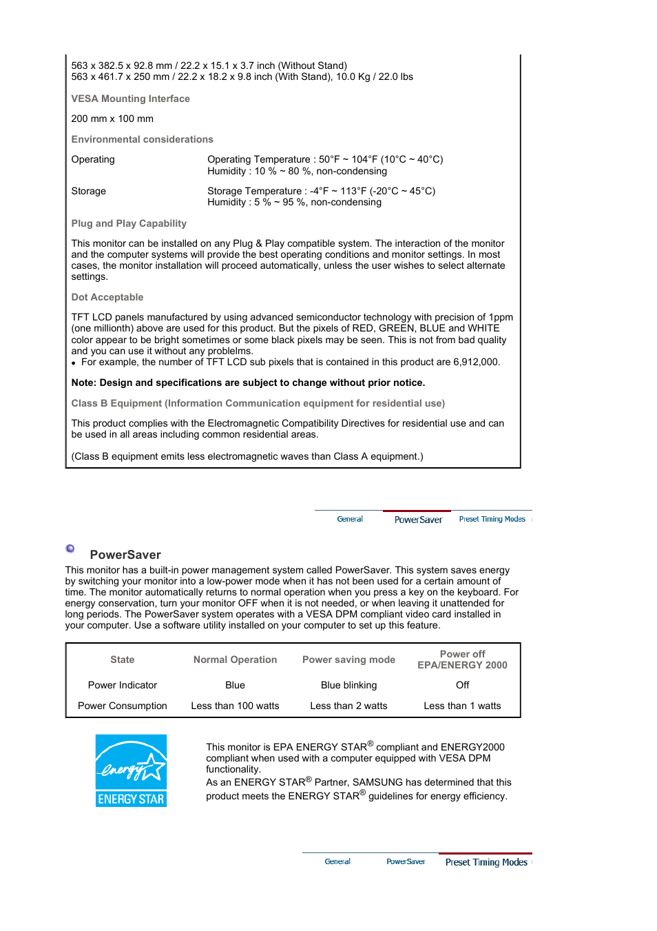 Powersaver, Preset timing modes | Samsung LS24EDBLB-XAA User Manual | Page 46 / 56