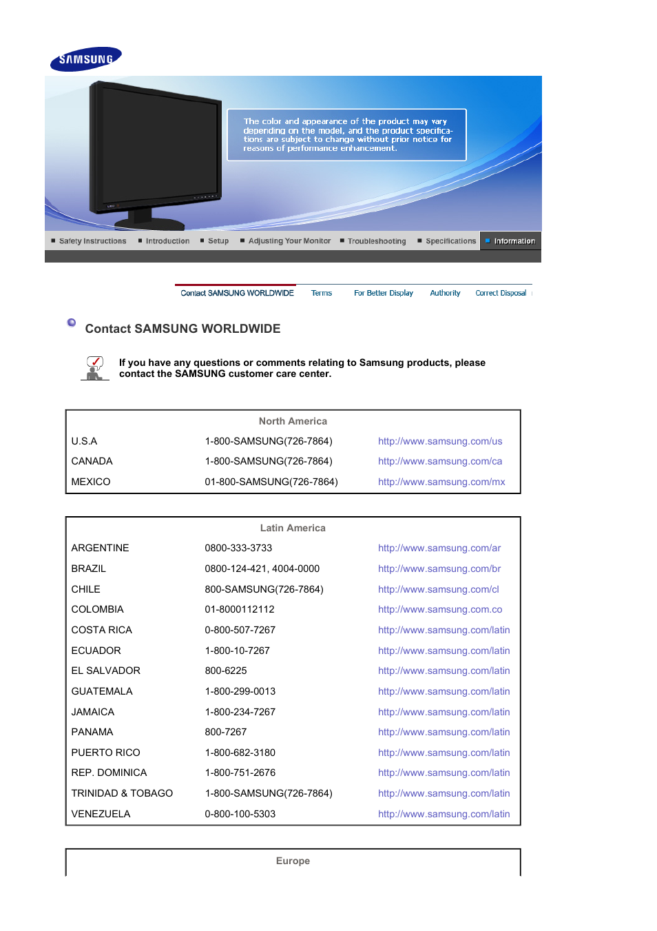 Information, Contact samsung worldwide, Terms | Samsung LS24EDBLB-XAA User Manual | Page 48 / 56