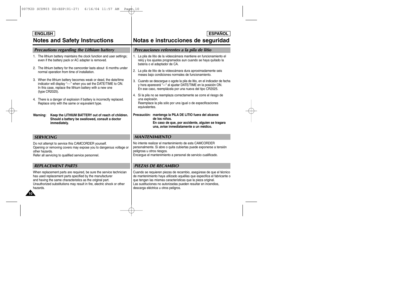 Notas e instrucciones de seguridad | Samsung SC-D903-XAA User Manual | Page 10 / 109