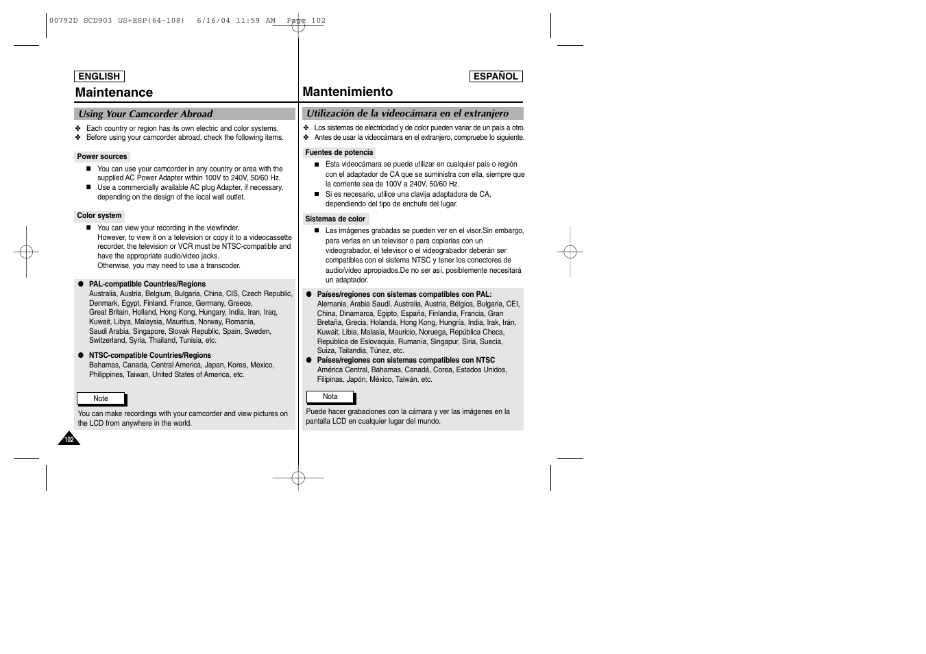 Mantenimiento, Maintenance | Samsung SC-D903-XAA User Manual | Page 102 / 109