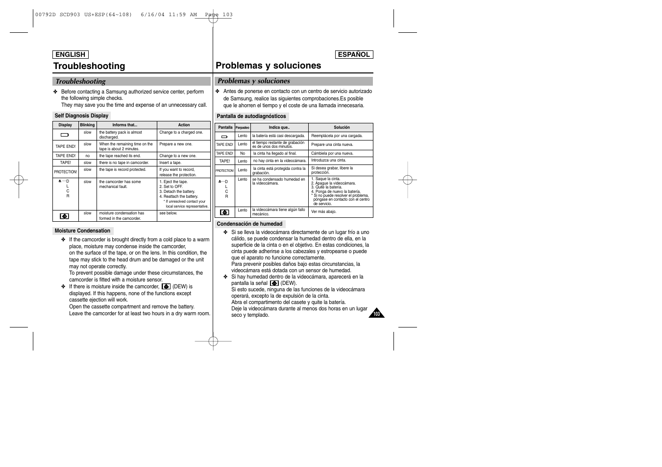 Problemas y soluciones, Troubleshooting | Samsung SC-D903-XAA User Manual | Page 103 / 109