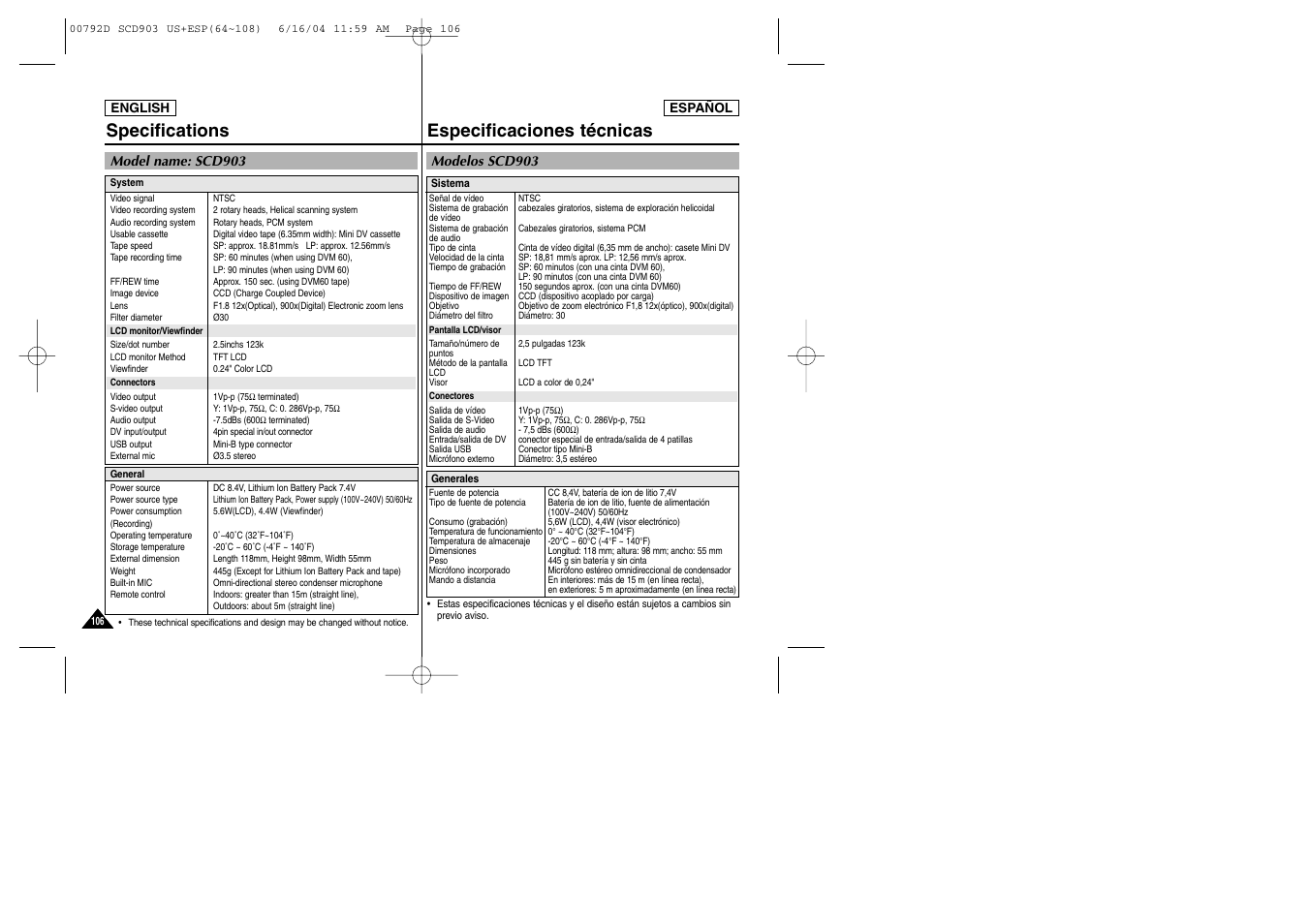 Especificaciones técnicas, Specifications | Samsung SC-D903-XAA User Manual | Page 106 / 109