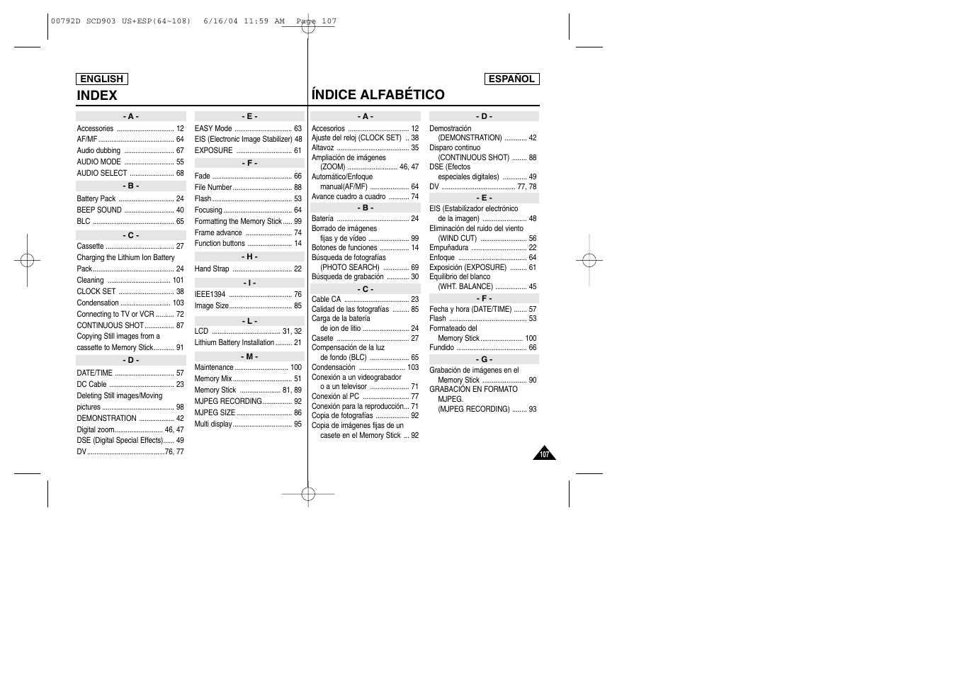 Índice alfabético, Index | Samsung SC-D903-XAA User Manual | Page 107 / 109