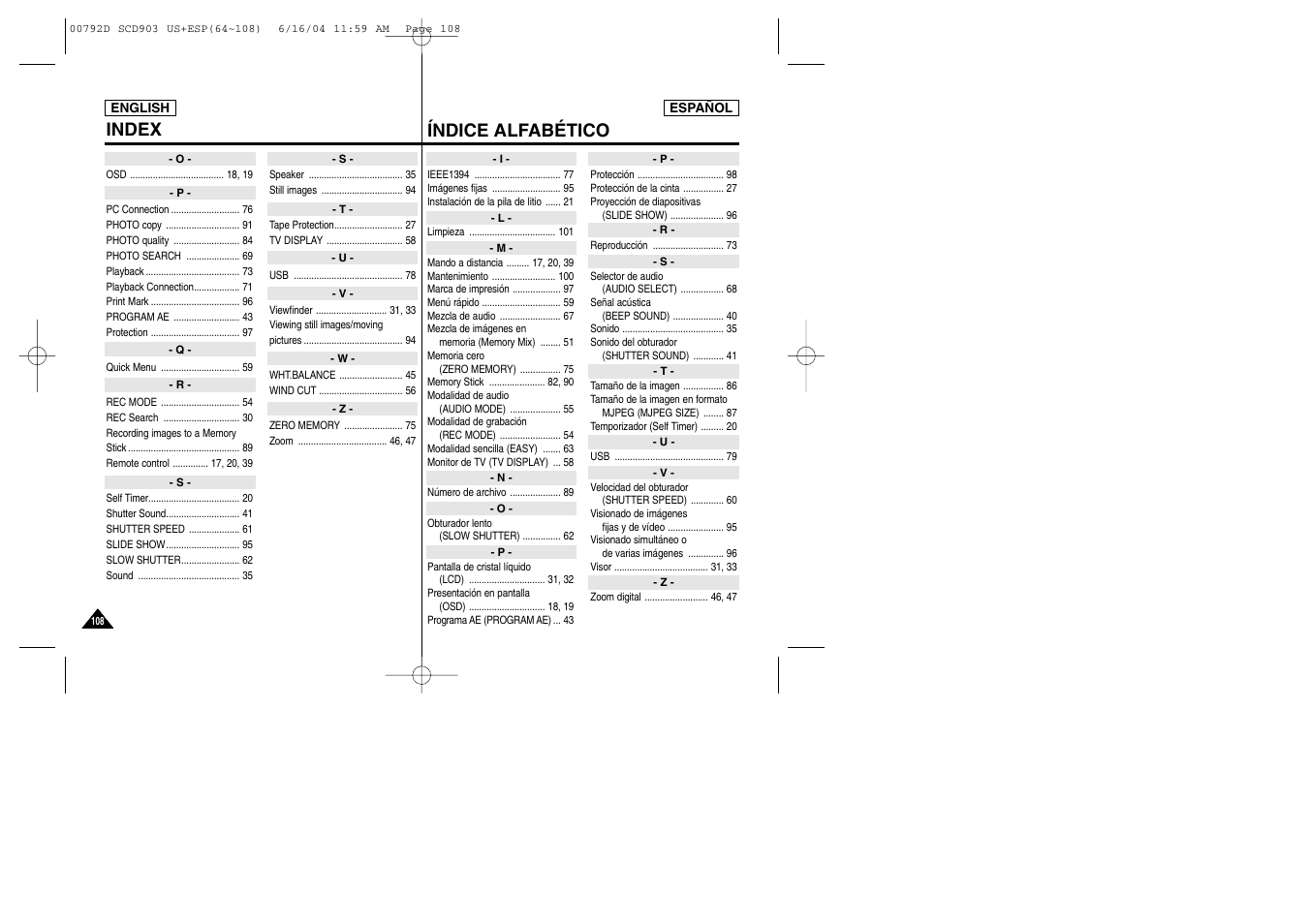 Index, Índice alfabético | Samsung SC-D903-XAA User Manual | Page 108 / 109