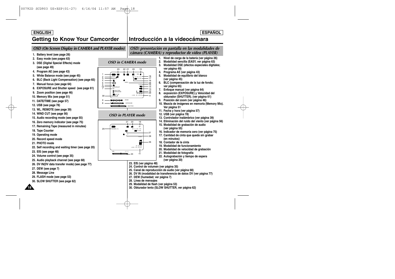 Getting to know your camcorder, Introducción a la videocámara, Osd (on screen display in camera and player modes) | English, English español, Osd in camera mode, Osd in player mode | Samsung SC-D903-XAA User Manual | Page 18 / 109