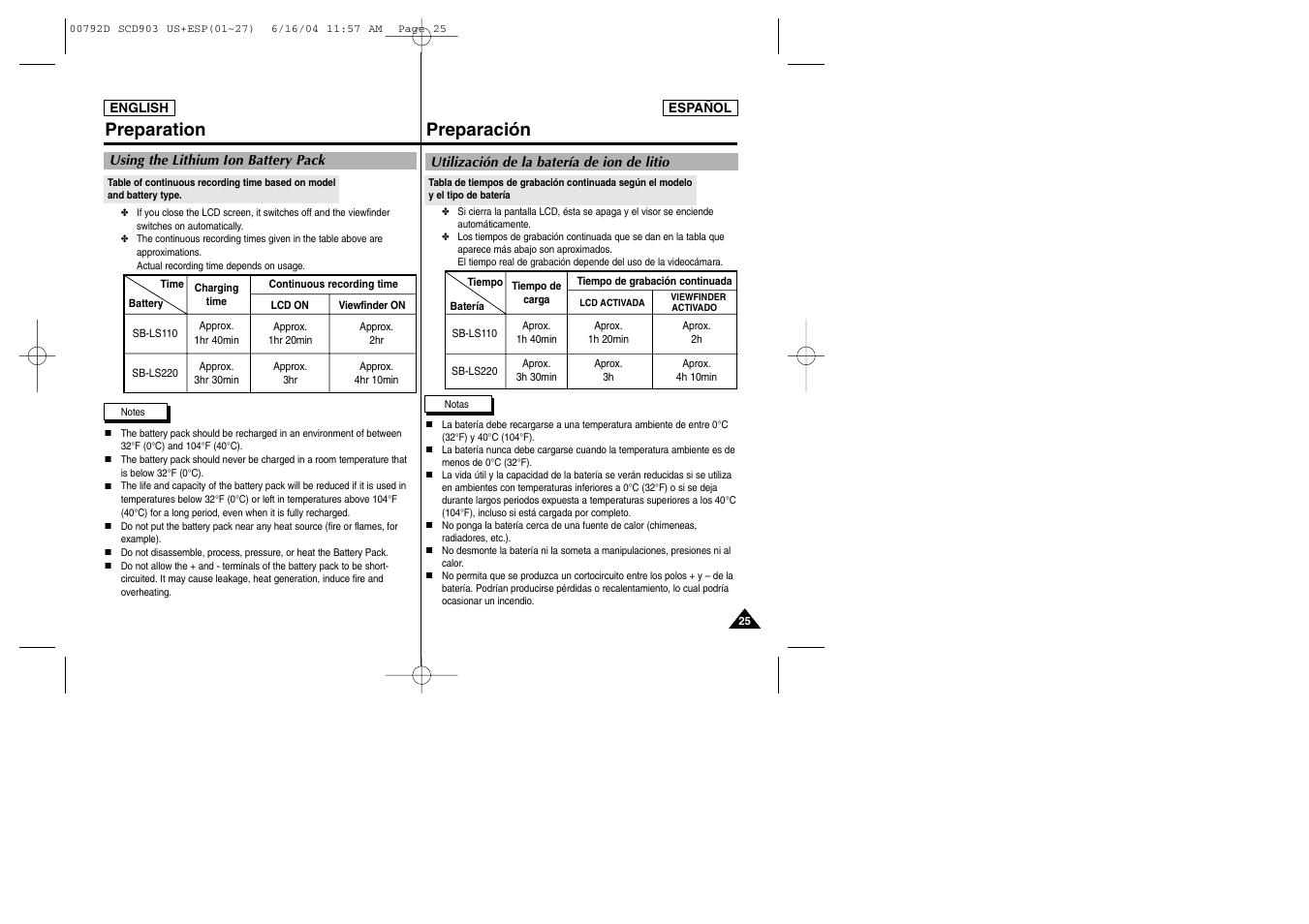 Preparation, Preparación | Samsung SC-D903-XAA User Manual | Page 25 / 109