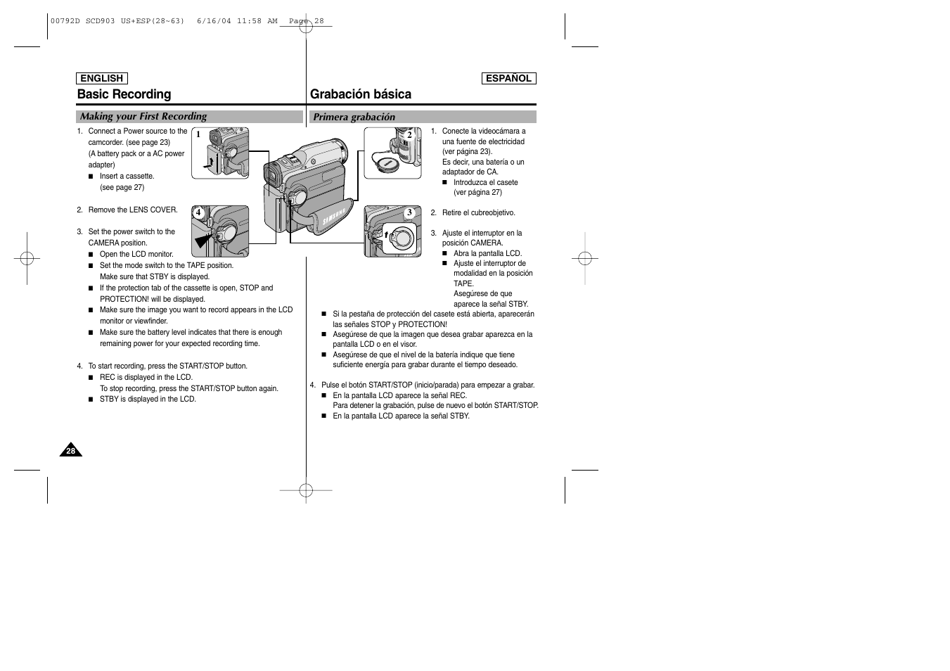 Grabación básica, Basic recording | Samsung SC-D903-XAA User Manual | Page 28 / 109