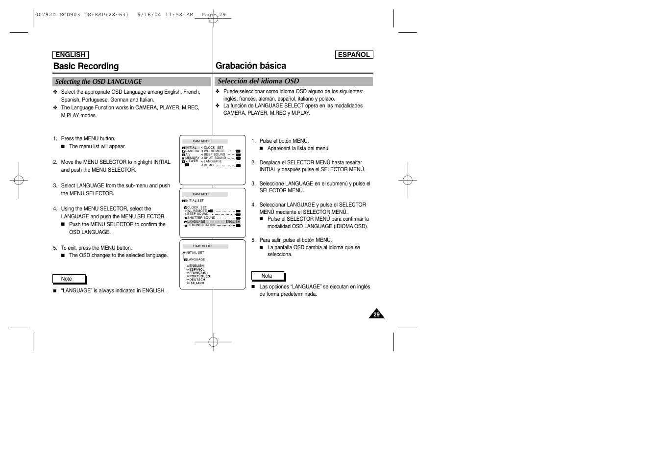 Grabación básica, Basic recording | Samsung SC-D903-XAA User Manual | Page 29 / 109