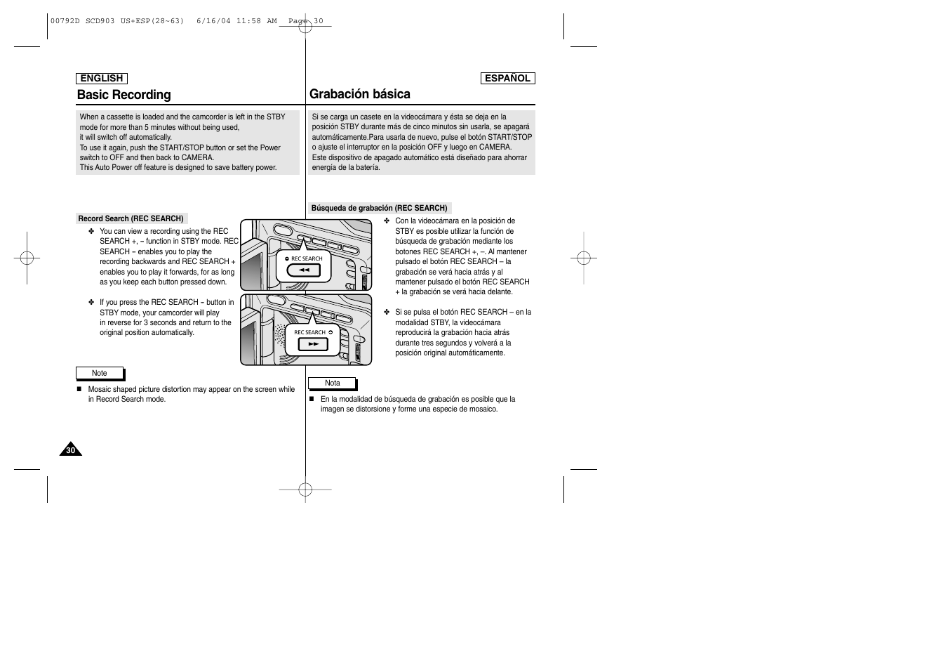 Grabación básica, Basic recording | Samsung SC-D903-XAA User Manual | Page 30 / 109