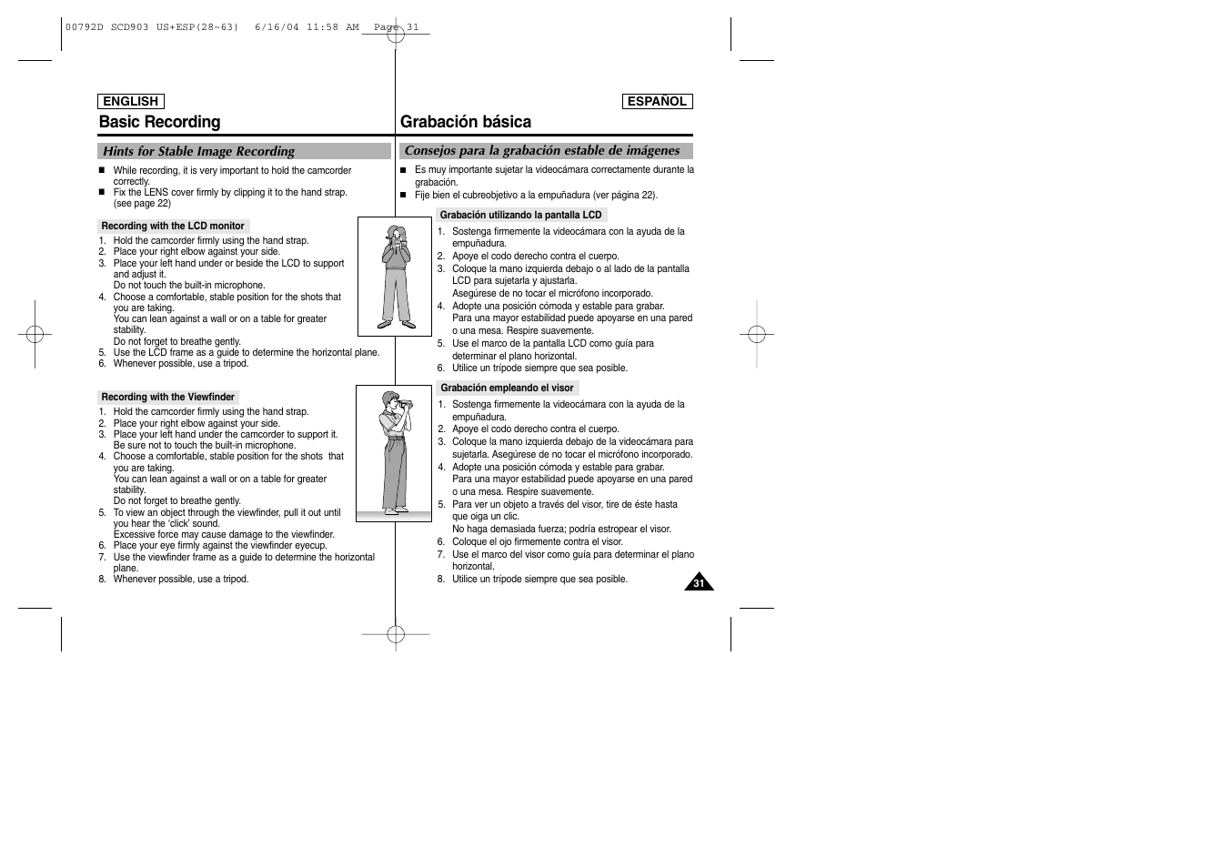 Grabación básica, Basic recording | Samsung SC-D903-XAA User Manual | Page 31 / 109