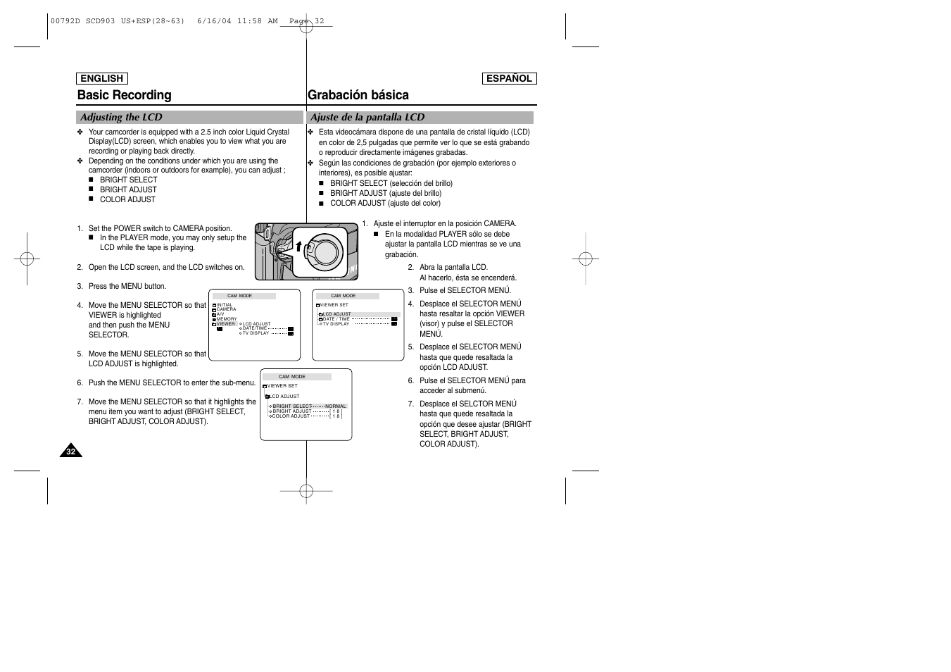 Basic recording, Grabación básica | Samsung SC-D903-XAA User Manual | Page 32 / 109