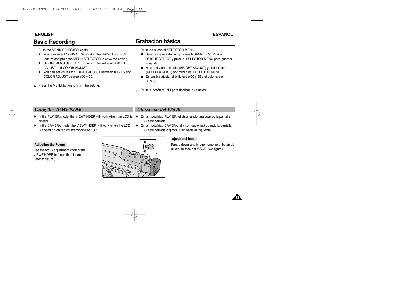 Grabación básica, Basic recording | Samsung SC-D903-XAA User Manual | Page 33 / 109