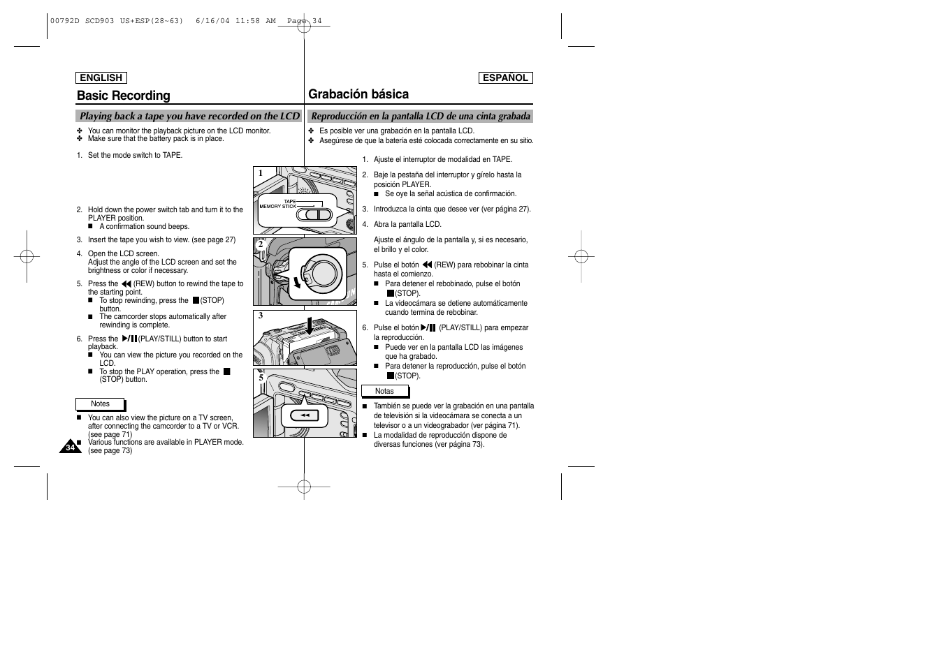 Grabación básica, Basic recording | Samsung SC-D903-XAA User Manual | Page 34 / 109