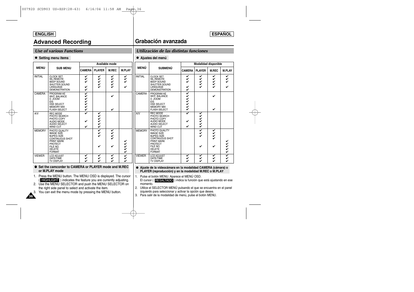 Advanced recording, Grabación avanzada, Use of various functions | Utilización de las distintas funciones | Samsung SC-D903-XAA User Manual | Page 36 / 109