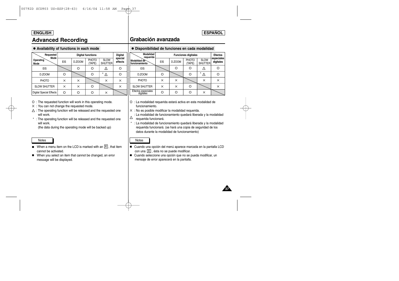 Advanced recording, Grabación avanzada | Samsung SC-D903-XAA User Manual | Page 37 / 109