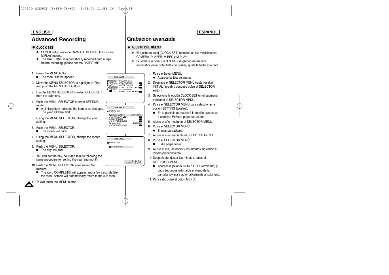 Grabación avanzada, Advanced recording | Samsung SC-D903-XAA User Manual | Page 38 / 109