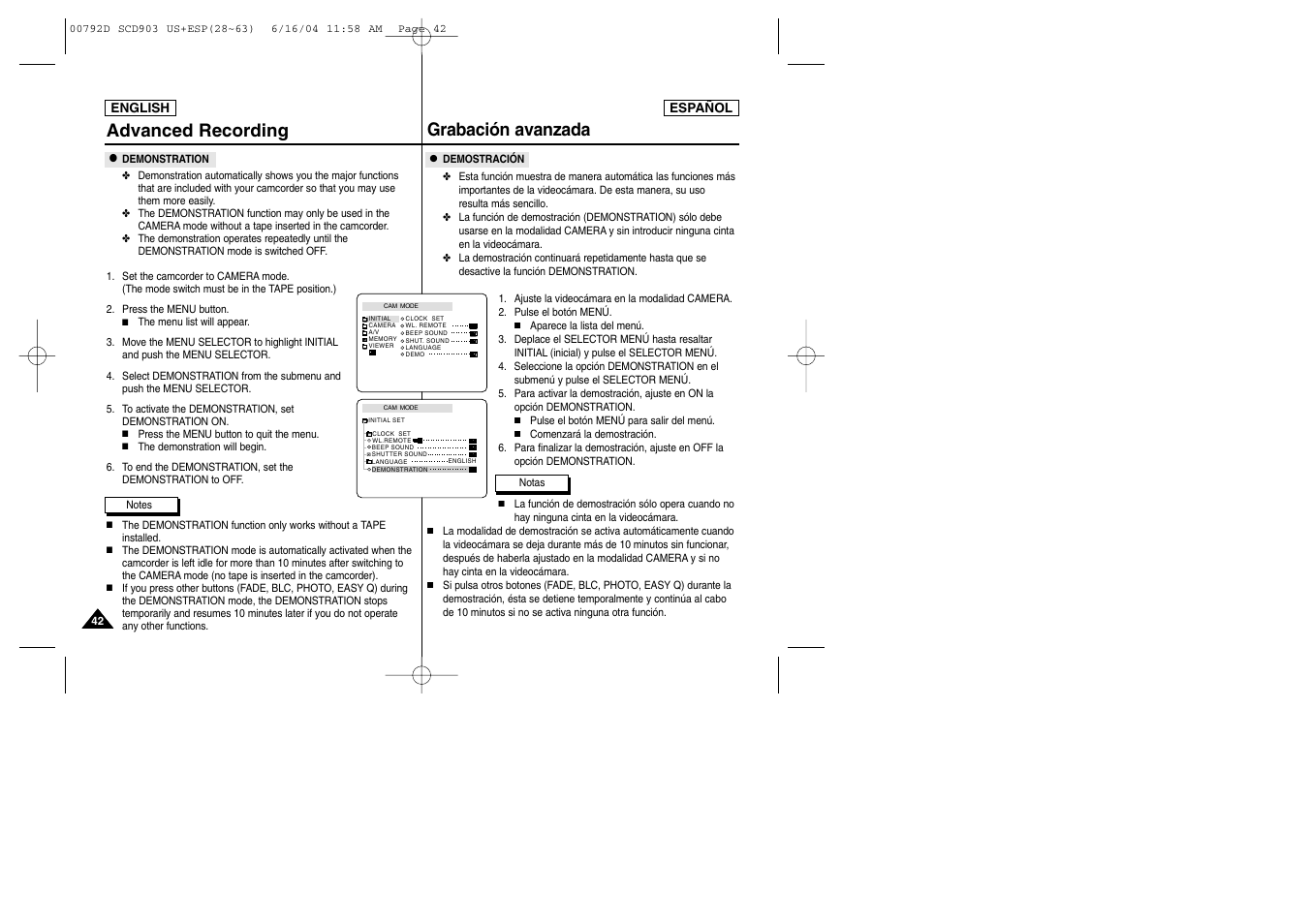 Advanced recording, Grabación avanzada | Samsung SC-D903-XAA User Manual | Page 42 / 109