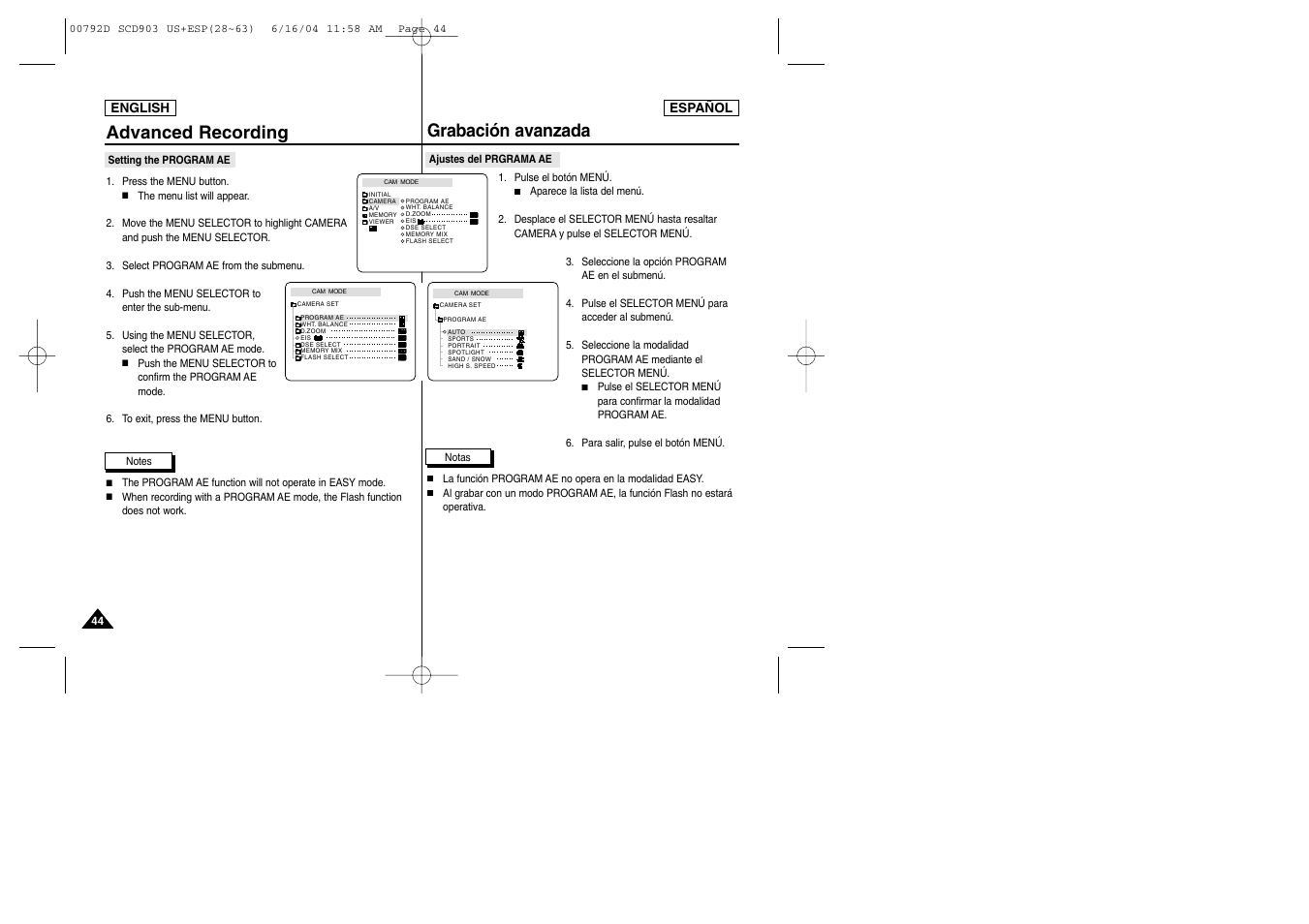 Grabación avanzada, Advanced recording | Samsung SC-D903-XAA User Manual | Page 44 / 109