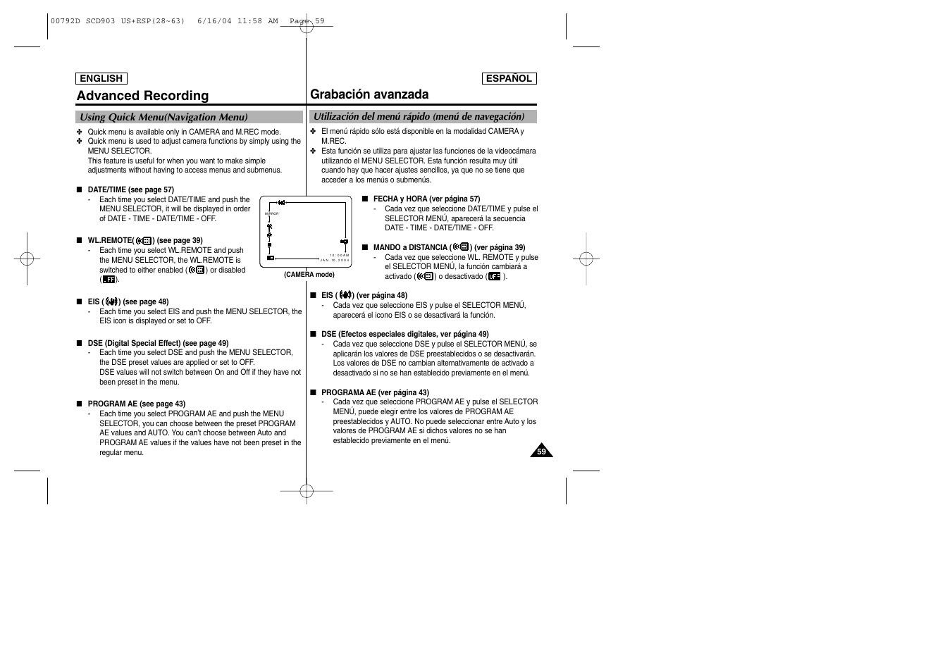 Grabación avanzada, Advanced recording | Samsung SC-D903-XAA User Manual | Page 59 / 109