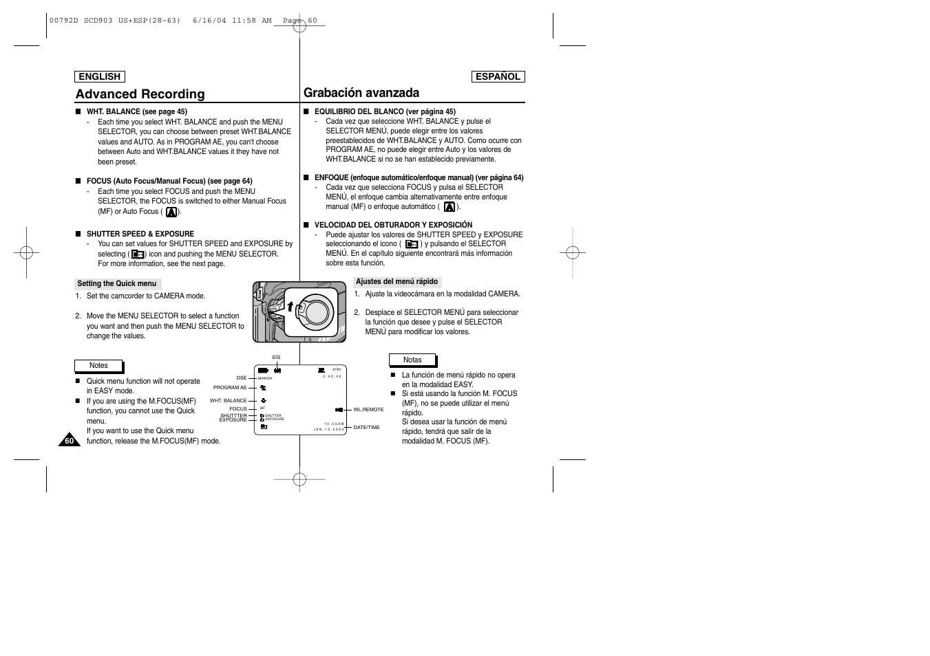 Advanced recording, Grabación avanzada | Samsung SC-D903-XAA User Manual | Page 60 / 109