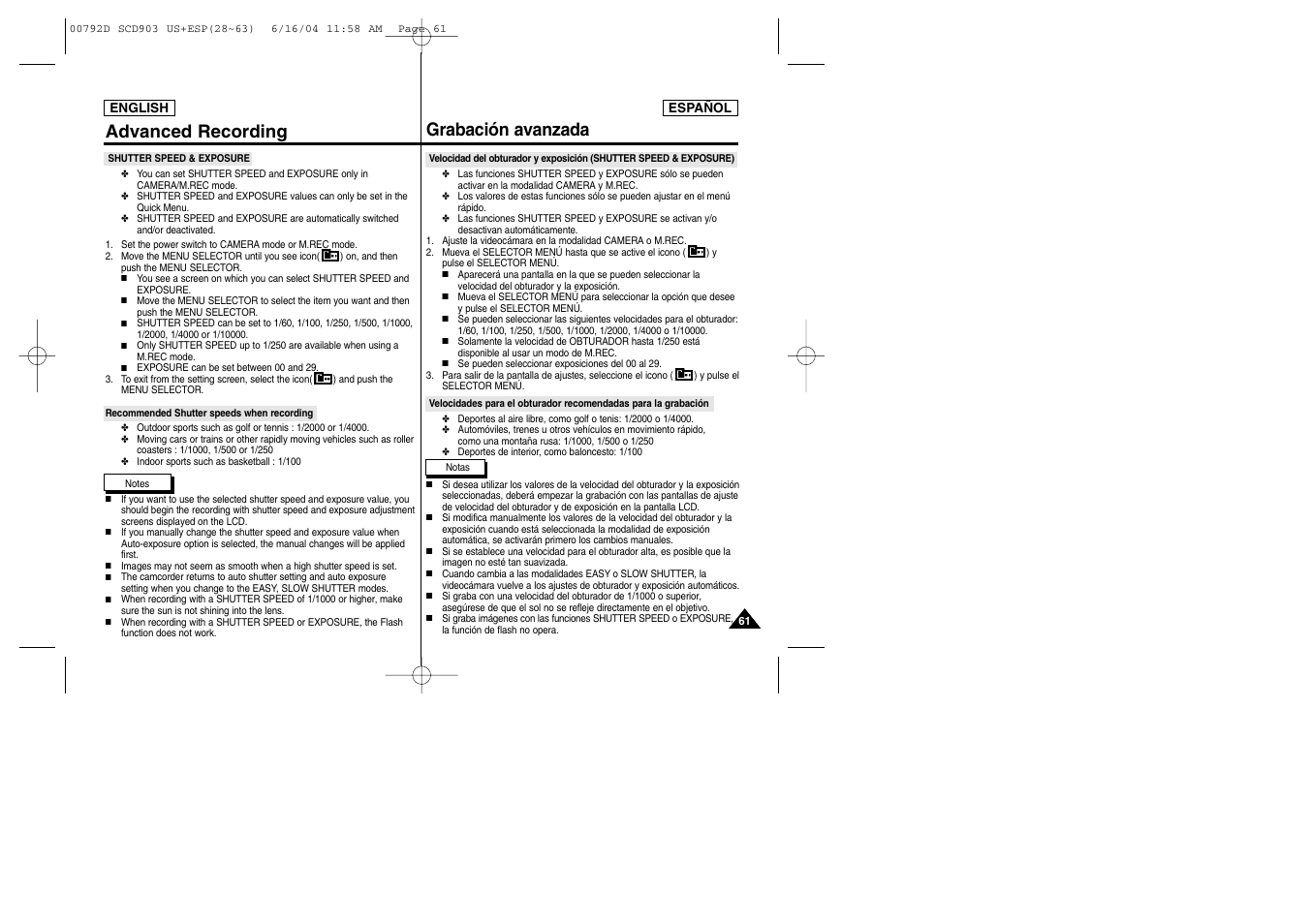 Advanced recording, Grabación avanzada | Samsung SC-D903-XAA User Manual | Page 61 / 109