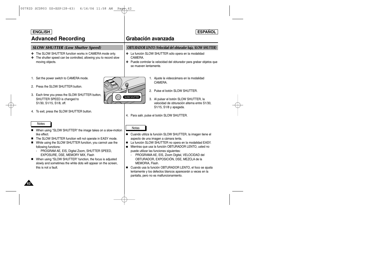 Grabación avanzada, Advanced recording | Samsung SC-D903-XAA User Manual | Page 62 / 109