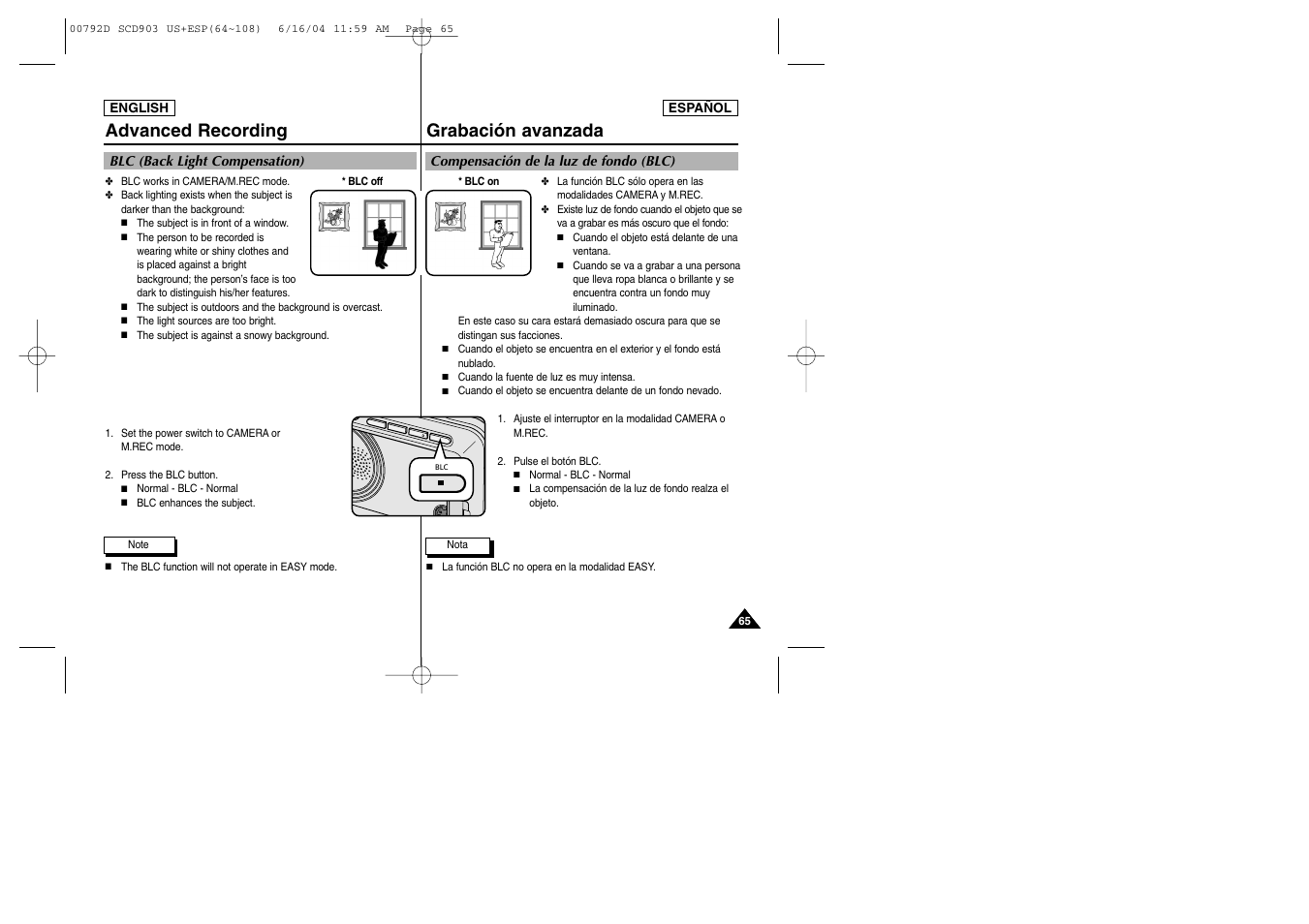 Grabación avanzada, Advanced recording | Samsung SC-D903-XAA User Manual | Page 65 / 109