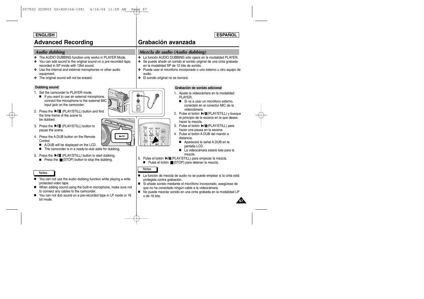 Grabación avanzada, Advanced recording | Samsung SC-D903-XAA User Manual | Page 67 / 109