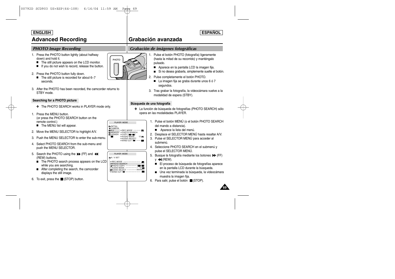 Grabación avanzada, Advanced recording | Samsung SC-D903-XAA User Manual | Page 69 / 109