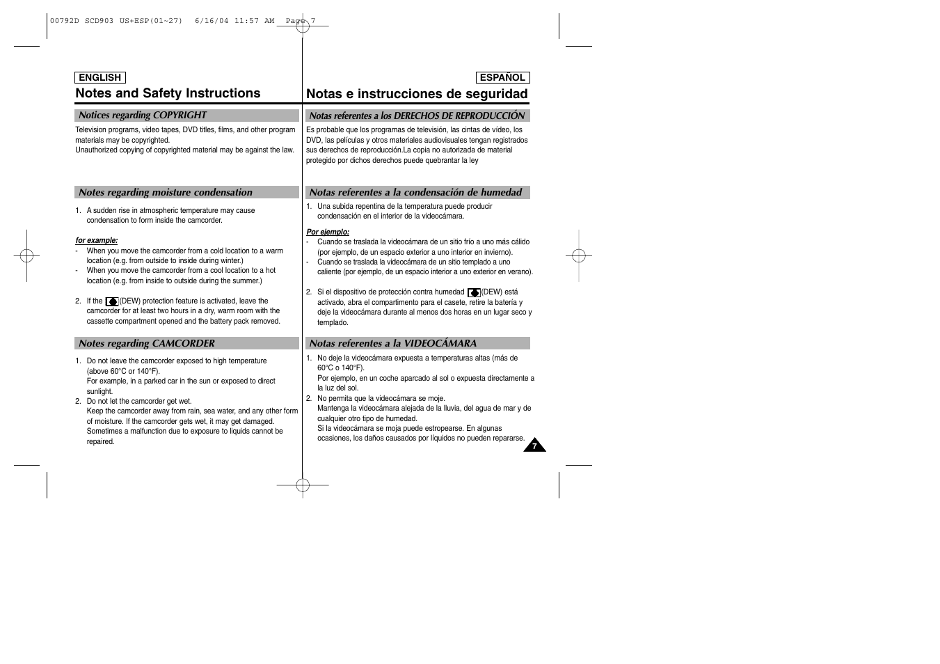 Notas e instrucciones de seguridad | Samsung SC-D903-XAA User Manual | Page 7 / 109