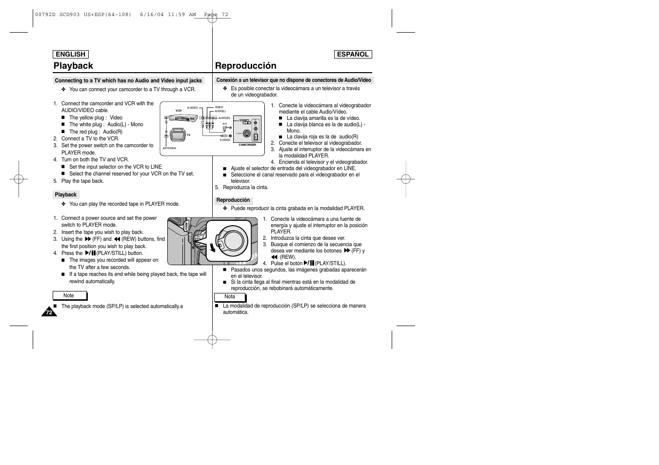 Mic a/v dc in, Reproducción, Playback | Samsung SC-D903-XAA User Manual | Page 72 / 109