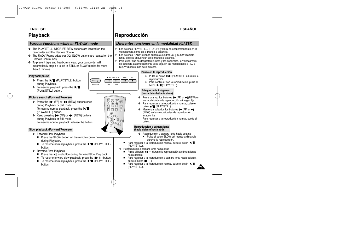 Reproducción, Playback | Samsung SC-D903-XAA User Manual | Page 73 / 109