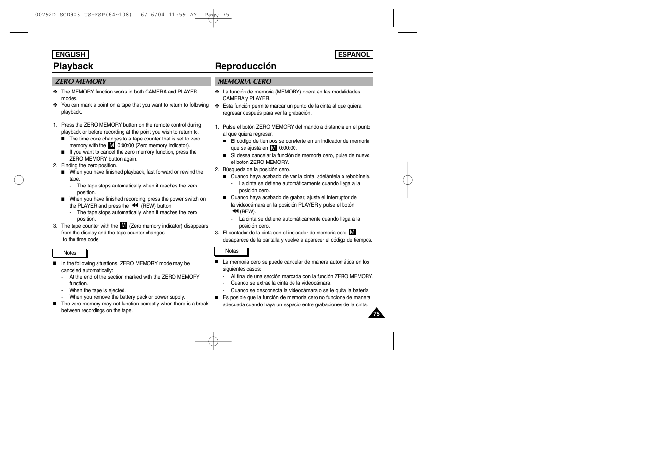 Reproducción, Playback | Samsung SC-D903-XAA User Manual | Page 75 / 109