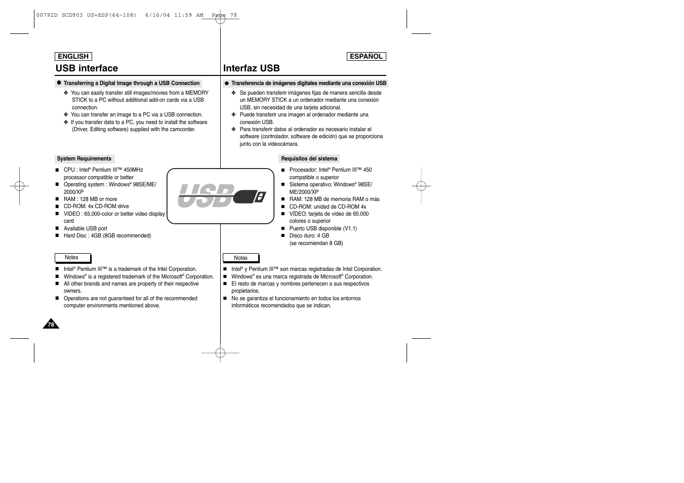 Interfaz usb, Usb interface | Samsung SC-D903-XAA User Manual | Page 78 / 109